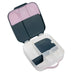 b.box lunchbox in indigo rose open to show divided compartments and pastel-colored lid sections.