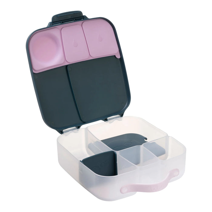Bbox lunchbox in indigo rose color shown open, displaying multiple food compartments.