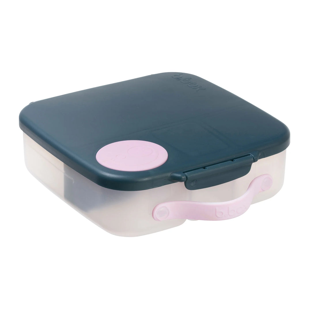 b.box lunchbox indigo rose shown closed on a white background with visible pink handle and latch.