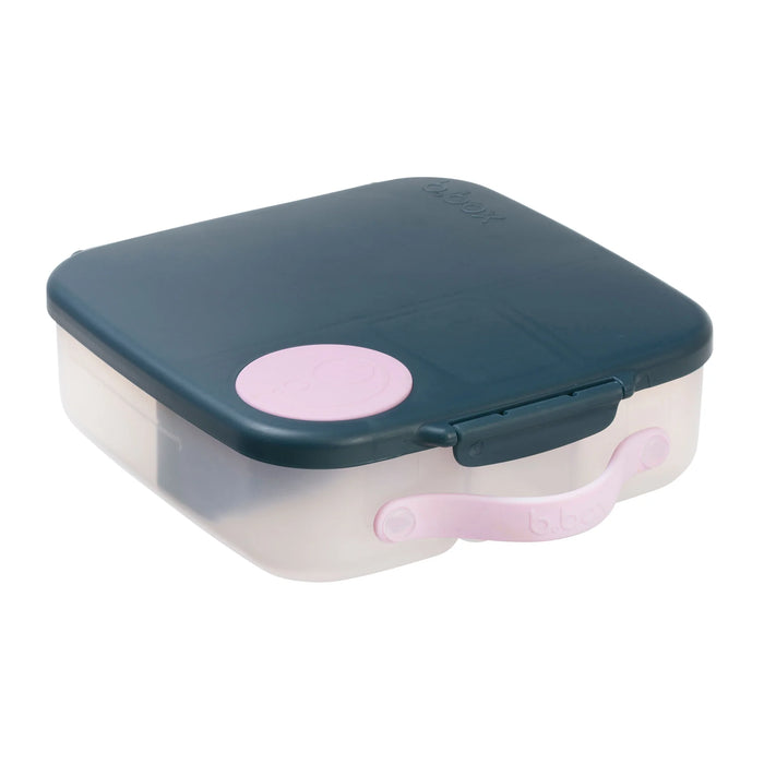 b.box lunchbox indigo rose shown closed on a white background with visible pink handle and latch.