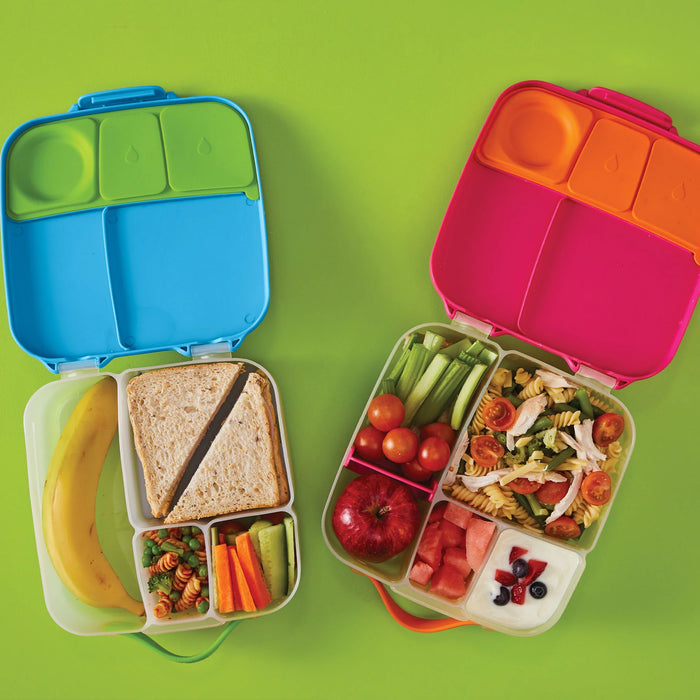 bbox lunchbox Ocean Breeze filled with assorted healthy foods on a green background.