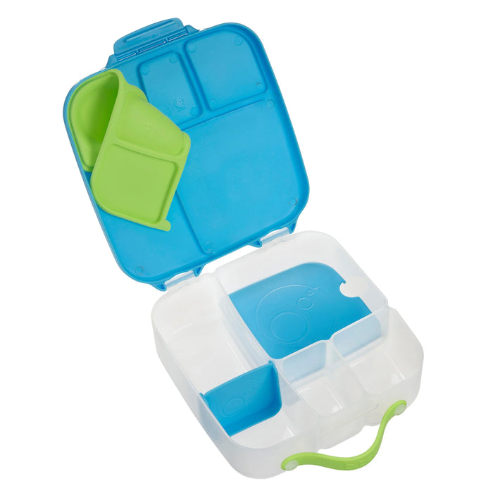 bbox lunchbox Ocean Breeze open to show blue and green compartments and divided sections inside.