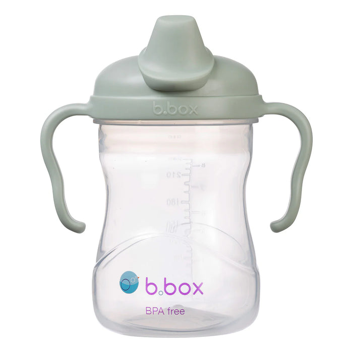 b.box silicone sippy cup in sage color shown upright with dual handles and measurement markings.