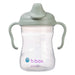 b.box silicone sippy cup in sage color shown upright with dual handles and measurement markings.