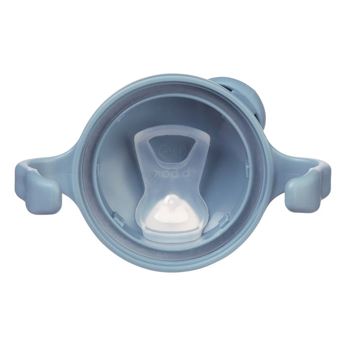 Bbox training silicone sippy cup in ocean color, shown from above highlighting spout and handles.