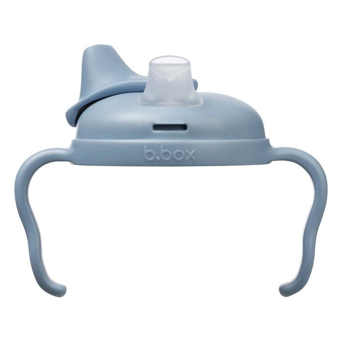 b.box silicone sippy cup lid in blue with two side handles, shown on a plain white background.