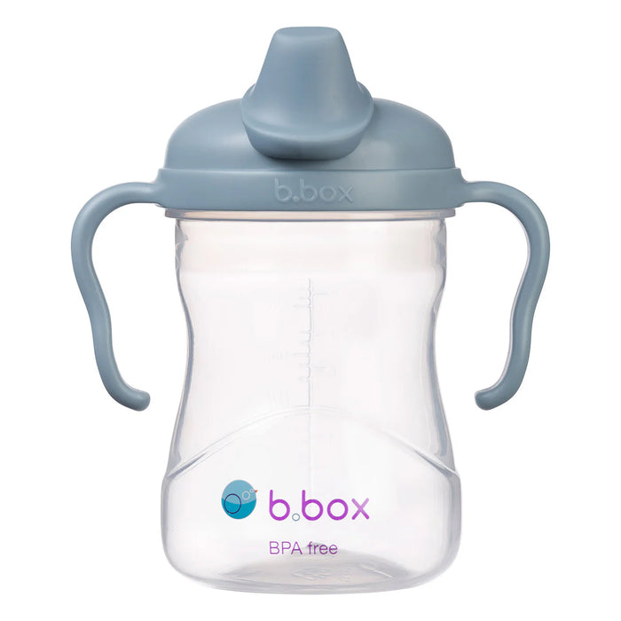 b.box silicone sippy cup in blush ocean sage, shown upright with dual handles and spout lid.