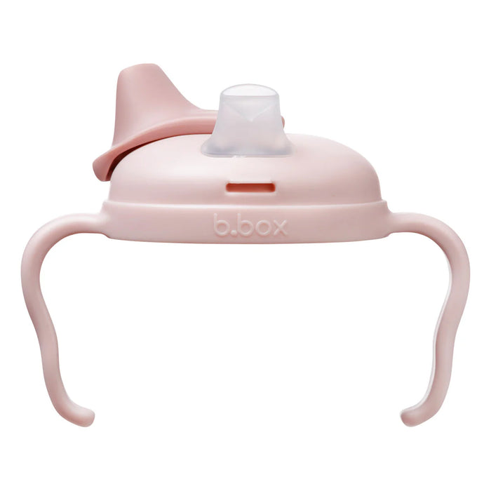 b.box silicone sippy cup lid in blush pink with handles, shown close-up on a white background.