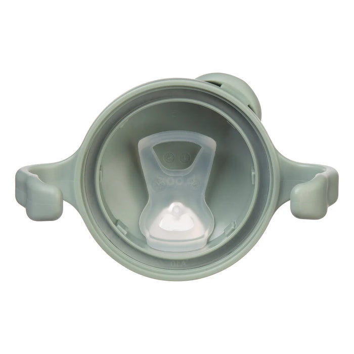 bbox silicone sippy cup in sage color shown from top view with dual handles visible.
