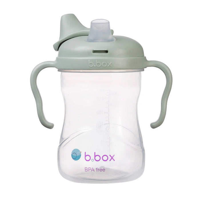 b.box silicone training sippy cup in sage, shown upright on a white background with dual handles.