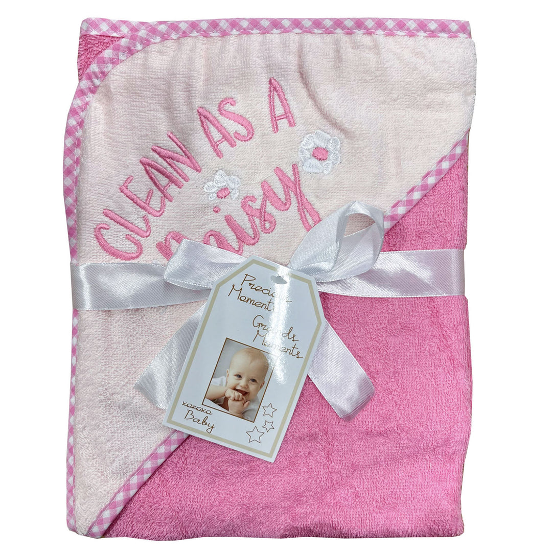 Pink and white baby towel with embroidered 'Clean as a daisy' and daisy flowers, gift wrapped with ribbon.