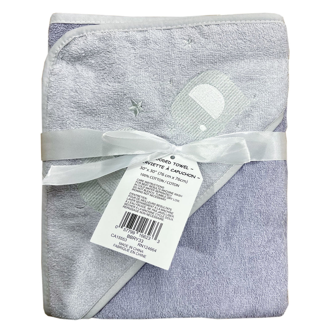 Grey hooded baby towel with embroidered stars and car, ribbon tied, 100% cotton