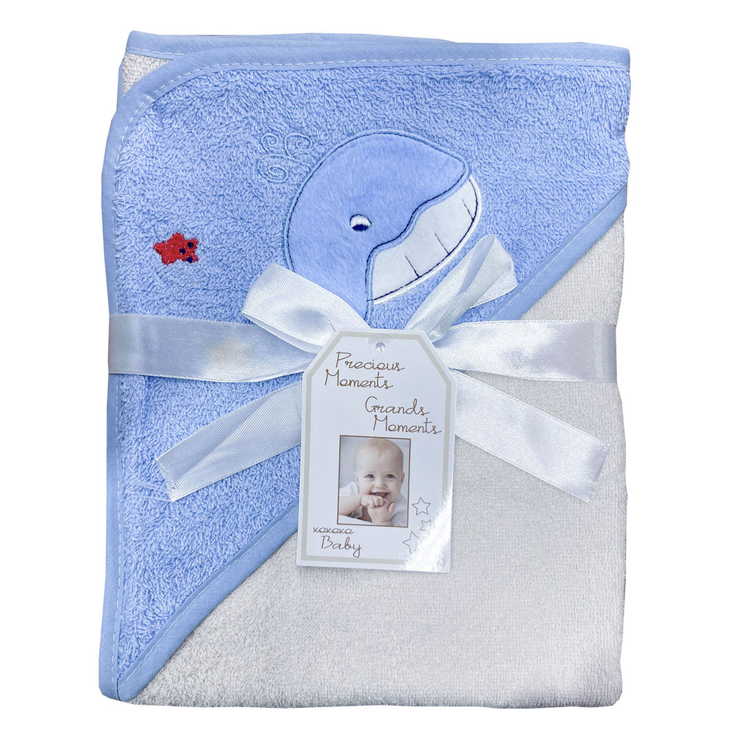 Blue baby hooded towel with whale embroidery, ribbon, and tag, soft infant bath towel gift