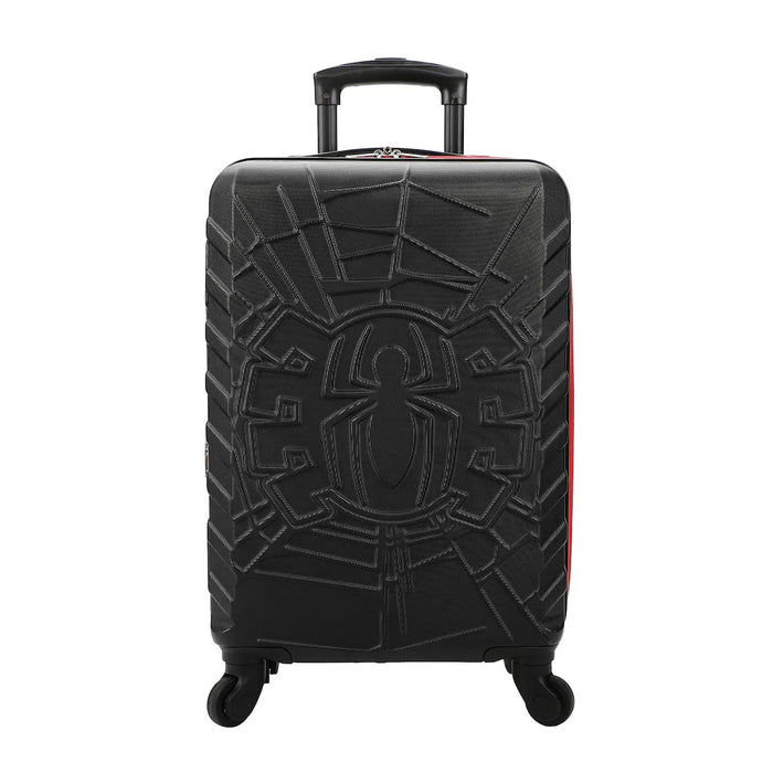 Bioworld Black Spider-Man carry-on luggage with embossed spider design shown upright on wheels.