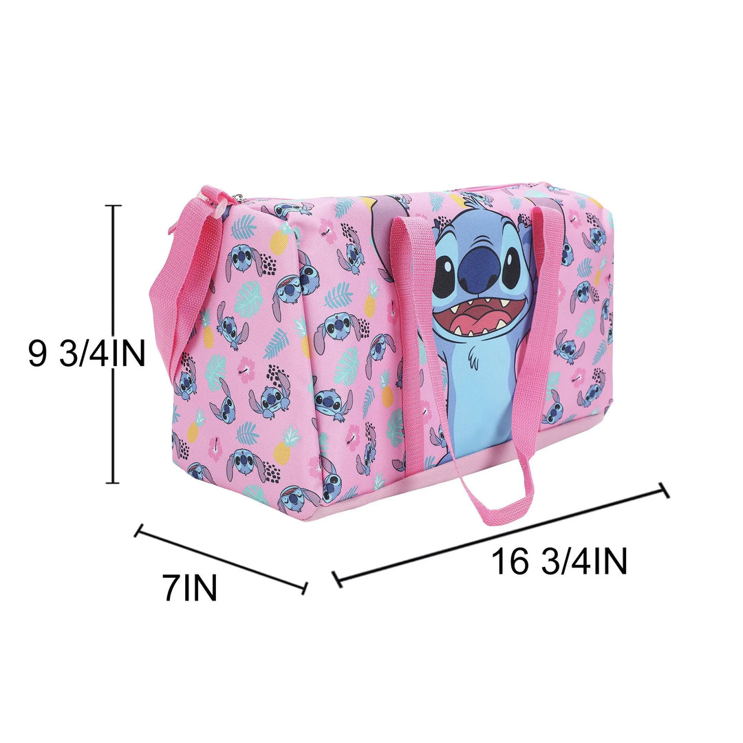 Bioworld Disney Lilo & Stitch pink duffle bag with character design shown on a white background with size dimensions.