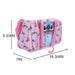 Bioworld Disney Lilo & Stitch pink duffle bag with character design shown on a white background with size dimensions.