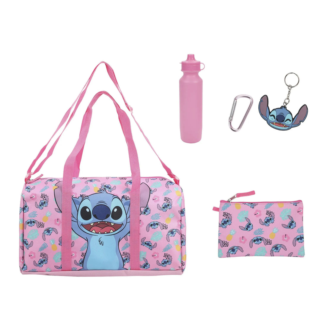 Bioworld Disney Lilo & Stitch 5-piece set with pink duffle bag, water bottle, keychain, and pouch displayed on white background.