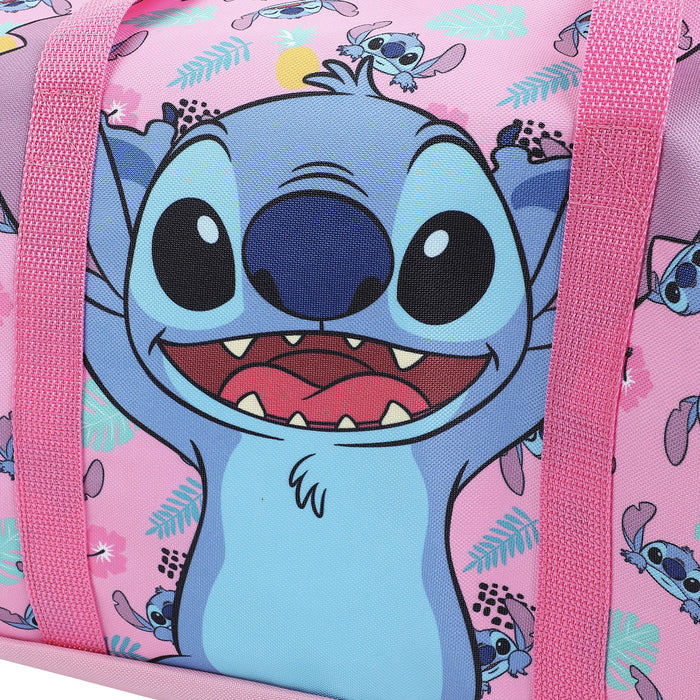 Bioworld Disney Lilo & Stitch duffle bag featuring Stitch print on a pink background with pink straps.