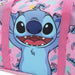 Bioworld Disney Lilo & Stitch duffle bag featuring Stitch print on a pink background with pink straps.
