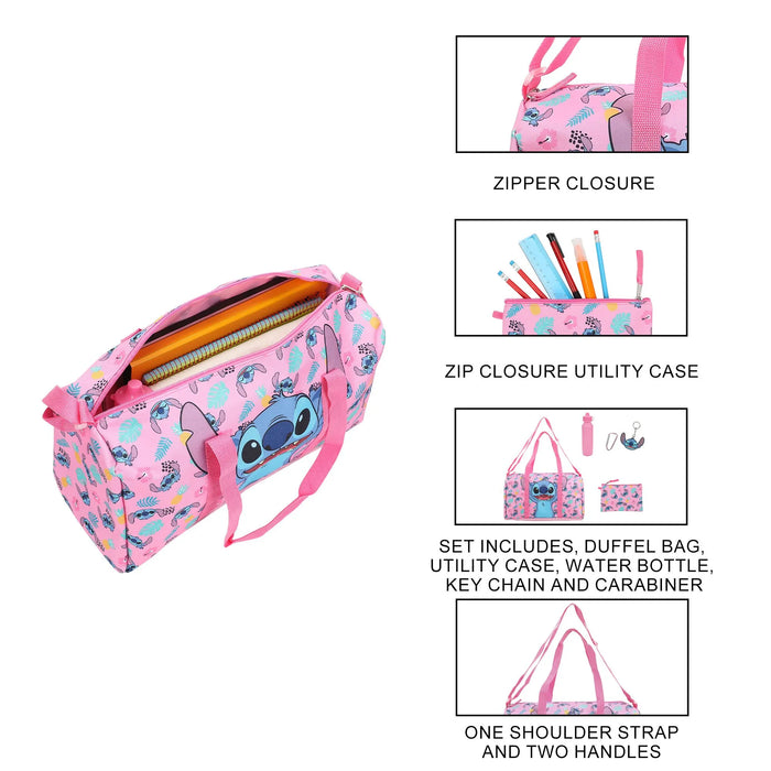 Bioworld Disney Lilo & Stitch 5-piece duffle bag set in pink with tropical prints, laid out with accessories.
