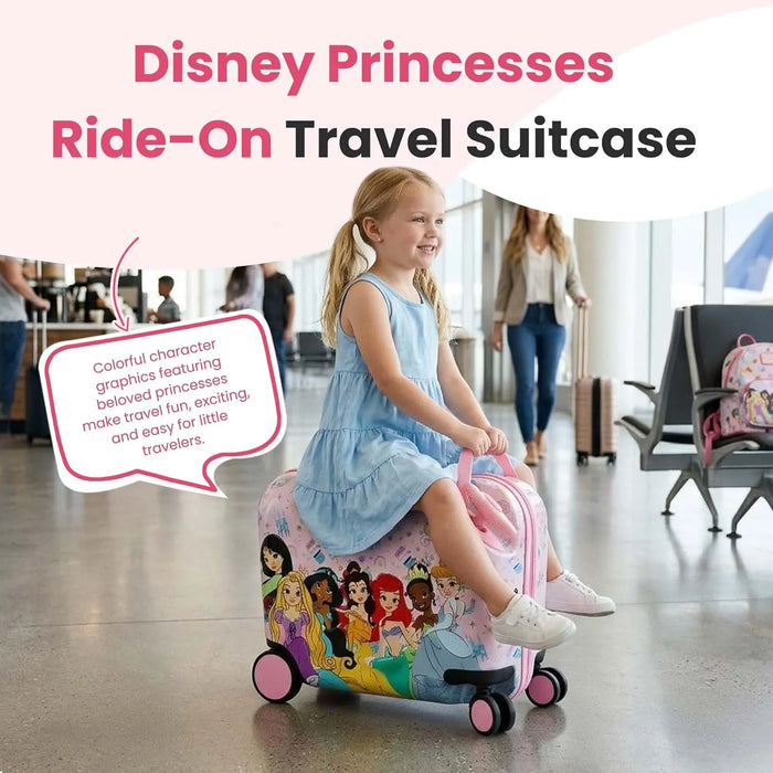Disney Princess Ride-On 18 Suitcase shown with a young girl riding it in an airport terminal.