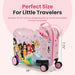 Bioworld Disney Princess Ride-On 18” Suitcase shown upright with pink wheels and princess design