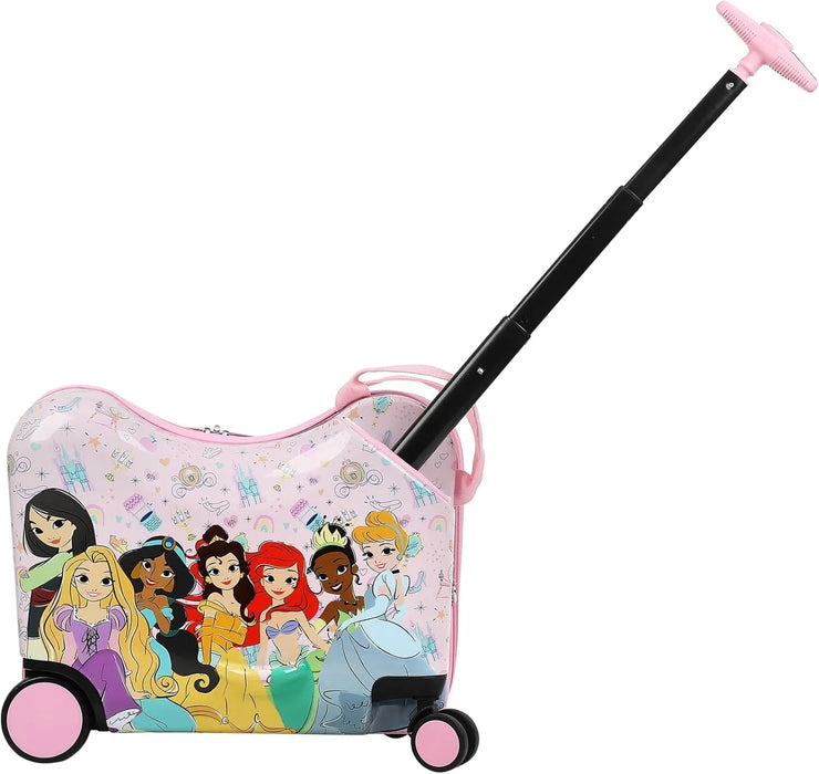 Bioworld Disney Princess Ride-On 18'' Suitcase shown upright with pink princess design and pull handle extended.