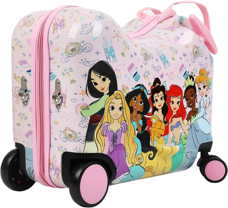 Bioworld Disney Princess Ride-On 18" Suitcase with pink wheels and princess graphics on the side.