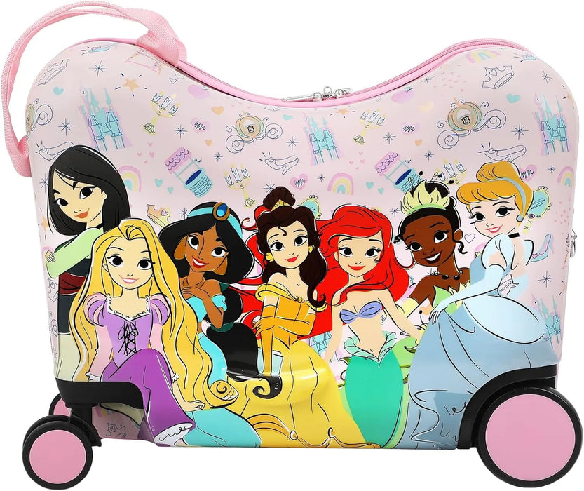 Bioworld Disney Princess ride-on suitcase with cartoon princesses on a light pink hard shell.