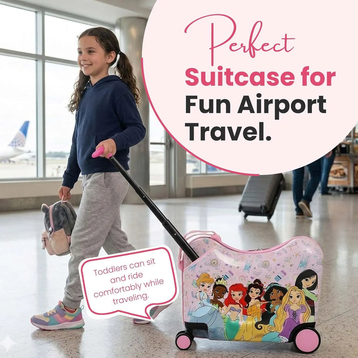 Bioworld Disney Princess Ride-On 18'' Suitcase being pulled by a child at an airport terminal.