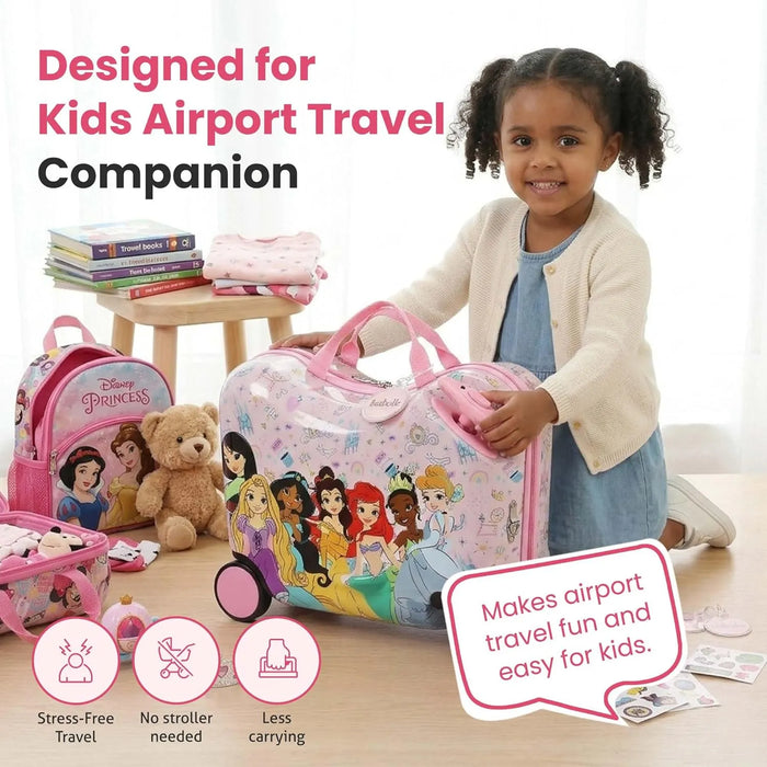 Bioworld Disney Princess Ride-On 18'' Suitcase shown with a child holding it in a bright room.