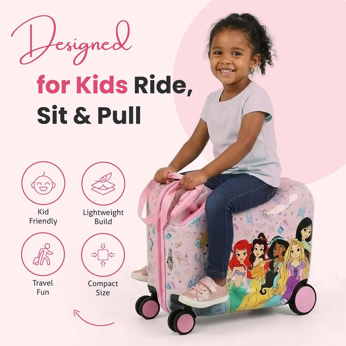 Bioworld Disney Princess Ride-On 18” Suitcase with a child sitting on it, showing illustrated princess design.
