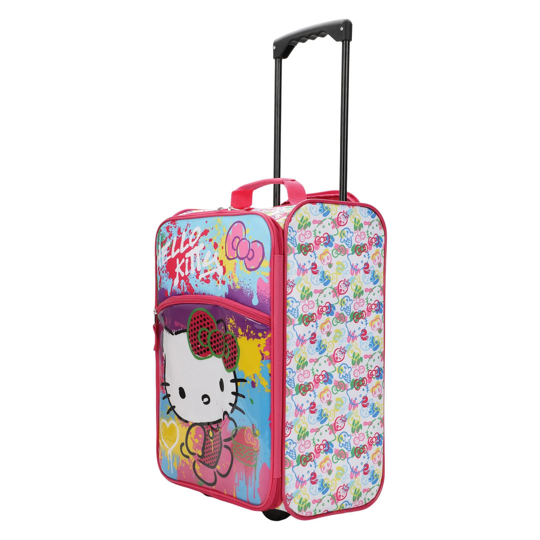 Bioworld Hello Kitty kids luggage with colorful splatter design, upright with extended handle