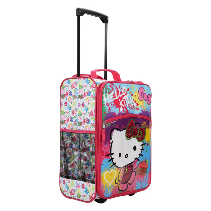 Hello Kitty kids luggage with colorful splatter design and extended handle, shown upright on wheels.