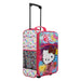 Hello Kitty kids luggage with colorful splatter design and extended handle, shown upright on wheels.