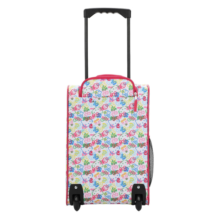 Bioworld Hello Kitty kids luggage with colorful character print, shown upright with extended handle.