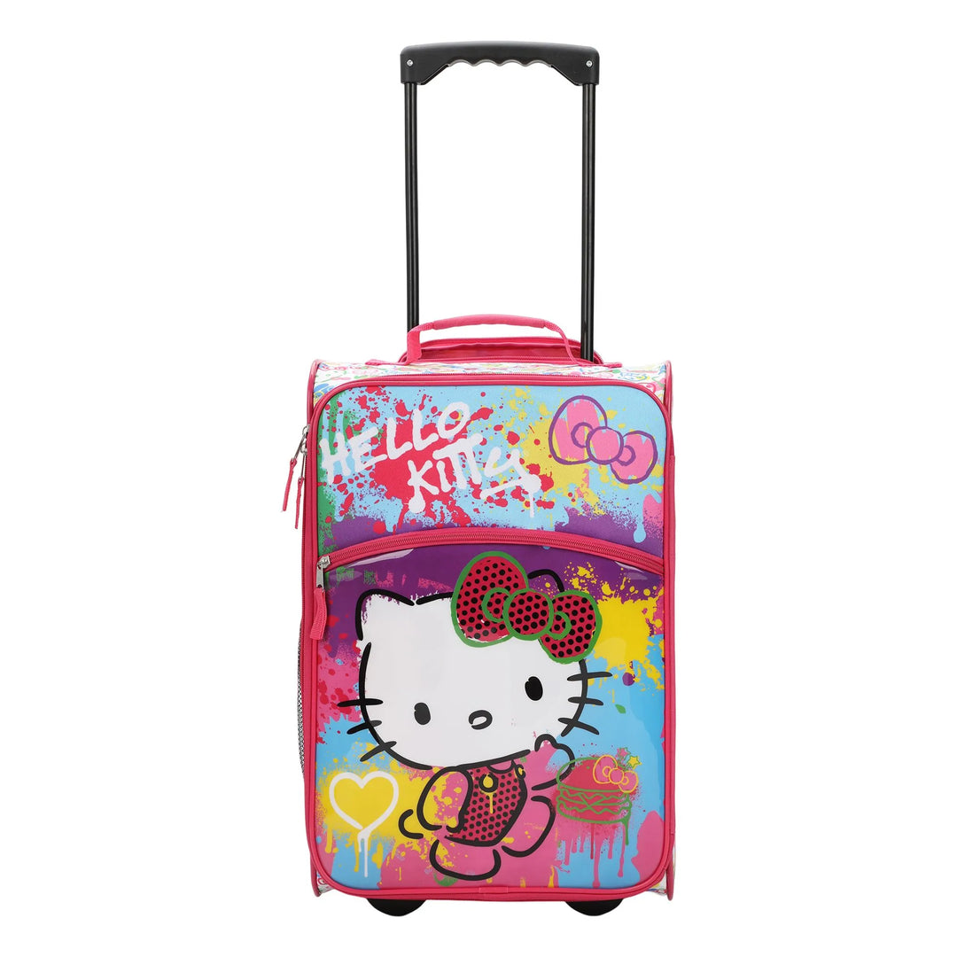 Bioworld Hello Kitty paint splatter kids luggage upright on white background with telescopic handle extended.