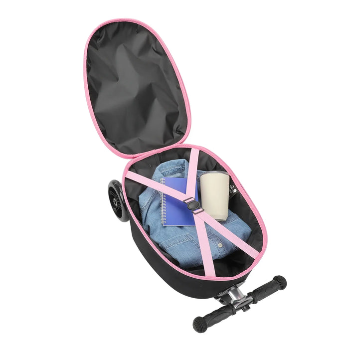 Hello Kitty polka dot pink scooter luggage open to show packed interior with clothes and a notebook.
