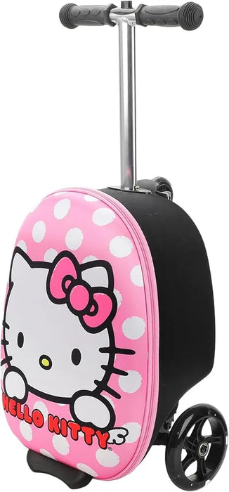 Hello Kitty pink polka dot kids scooter luggage standing upright with handle extended