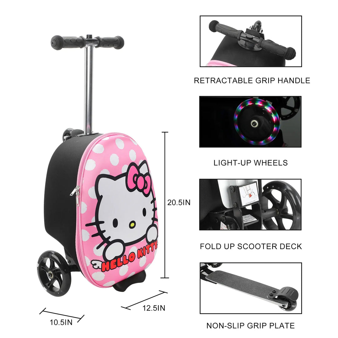 Hello Kitty pink polka dot scooter luggage with retractable handle and light-up wheels shown upright.