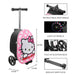 Hello Kitty pink polka dot scooter luggage with retractable handle and light-up wheels shown upright.