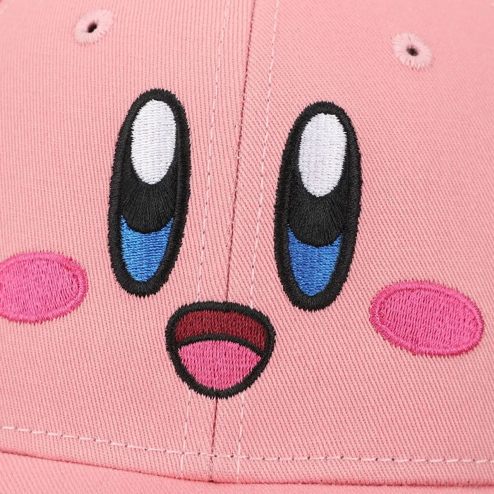 Kirby Pink Big Face Hat featuring embroidered Kirby face details on the front panel, close-up view.