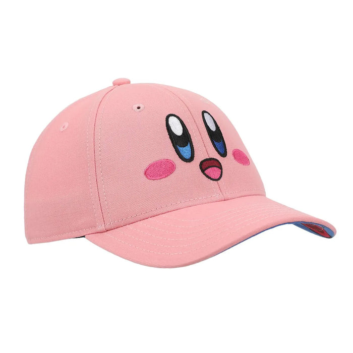 Bioworld Kirby Pink Big Face Hat featuring Kirby’s embroidered face on a light pink baseball cap, shown angled.