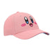 Bioworld Kirby Pink Big Face Hat featuring Kirby’s embroidered face on a light pink baseball cap, shown angled.
