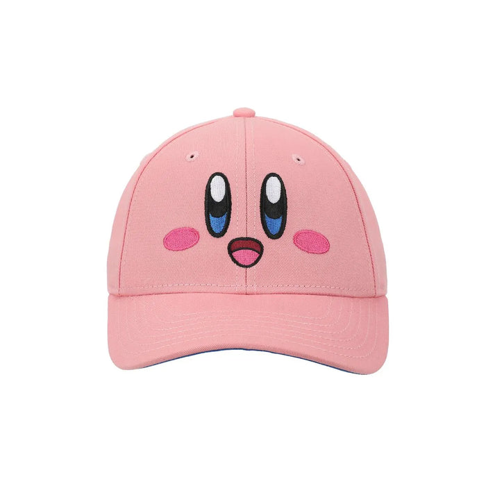 Bioworld Kirby pink big face hat featuring embroidered Kirby face design, displayed on a white background.