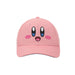 Bioworld Kirby pink big face hat featuring embroidered Kirby face design, displayed on a white background.