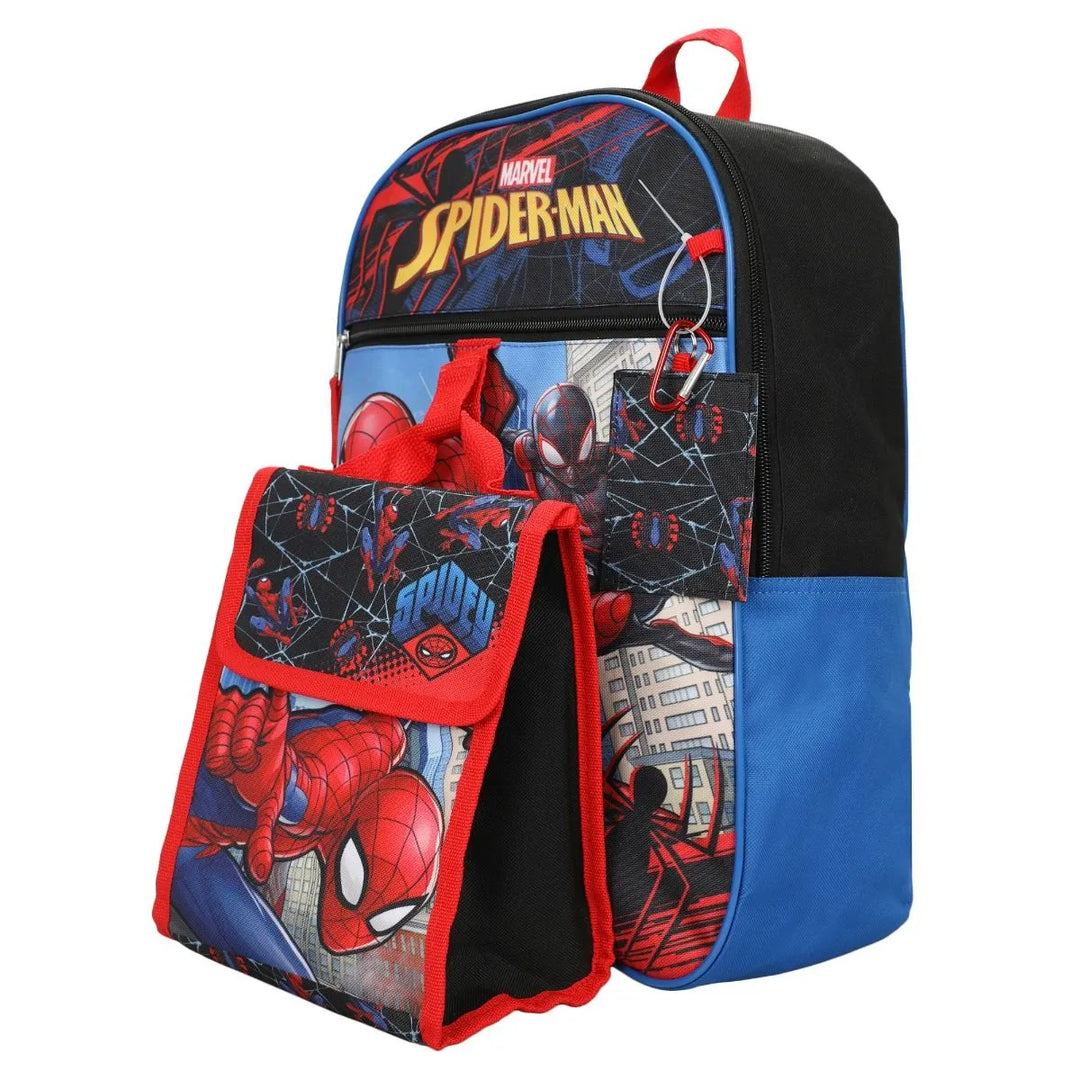 Bioworld Marvel Spiderman Miles Morales 5-piece kids backpack set with Spiderman graphics, displayed upright.