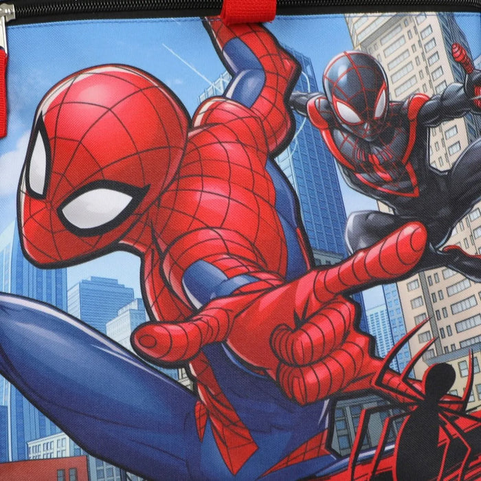 Bioworld Marvel Spiderman Miles Morales kids backpack with Spiderman graphics on a city background.