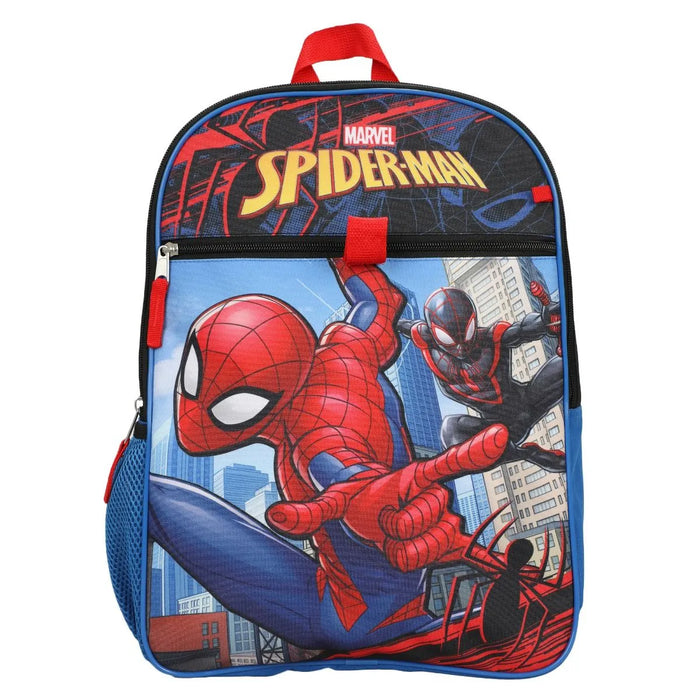 Marvel Spider-Man Miles Morales kids backpack featuring Spiderman graphics on a city background.