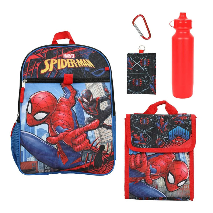 Marvel Spider-Man Miles Morales 5-piece kids backpack set with lunch bag, water bottle, and accessories.